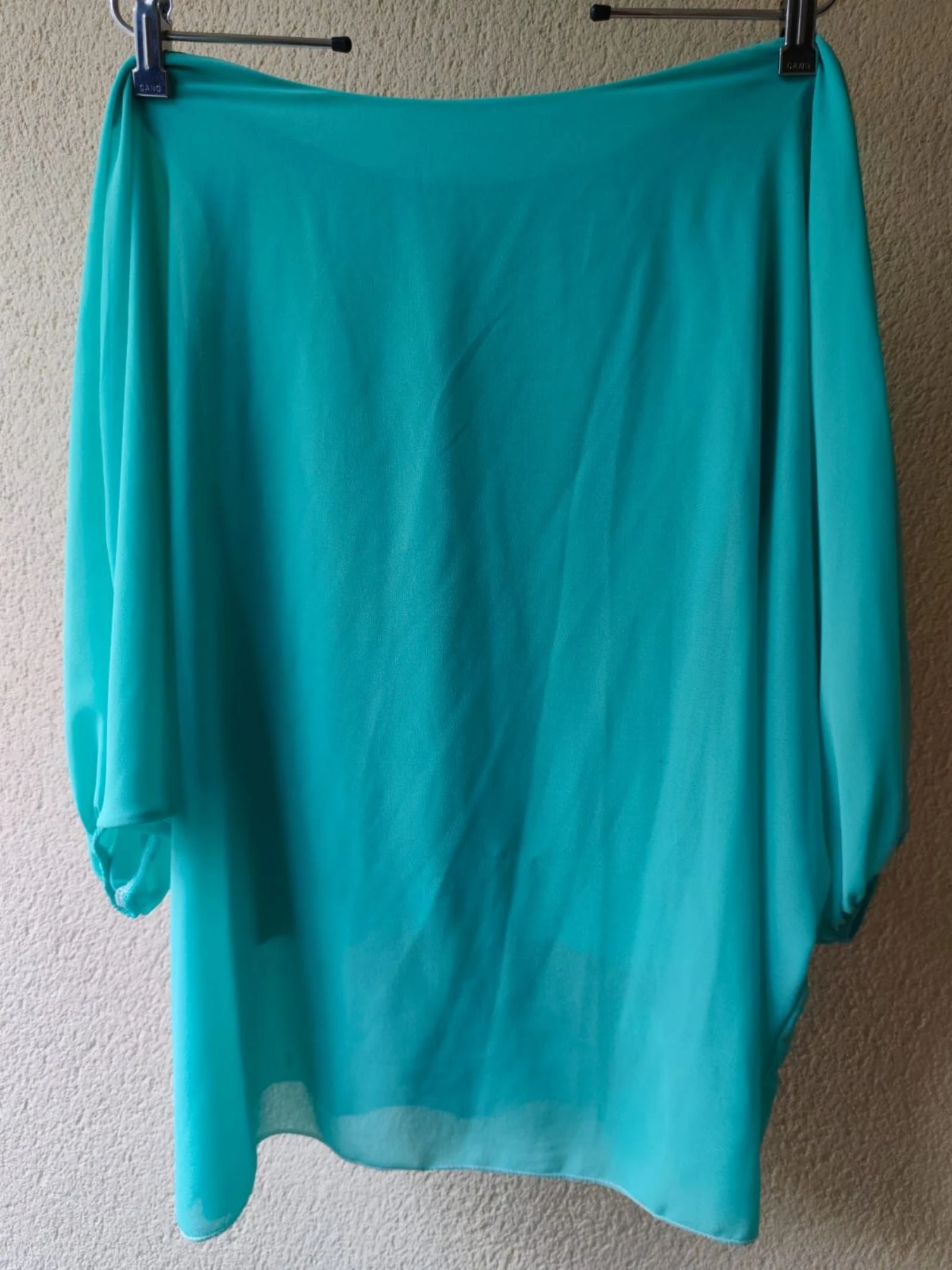 Oversized turquoise denimprint blouse met vleermuis mouw – photo 2